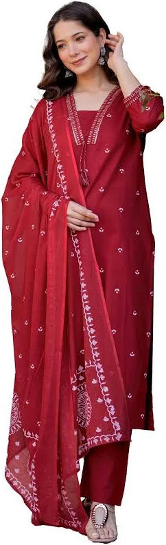 PARTHVI Women's Pure Cotton Printed Straight Kurta Set with Palazzo Pants & Dupatta- Ethnic Wear, Red